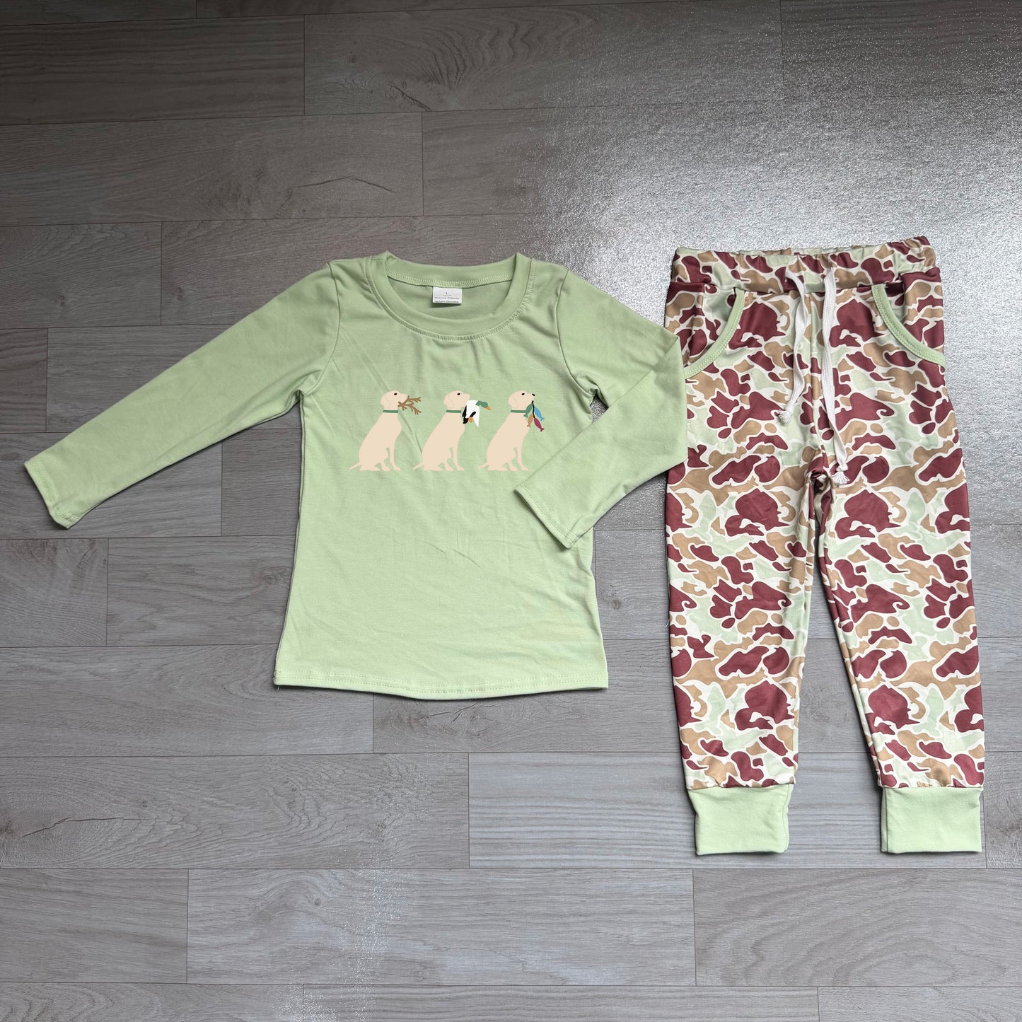 BLP1492 Sample No Moq Embroidery Toddler Boys Dog Duck Print Top Matching Camo Pocket Jogger Two Piece Hunting Clothes Set