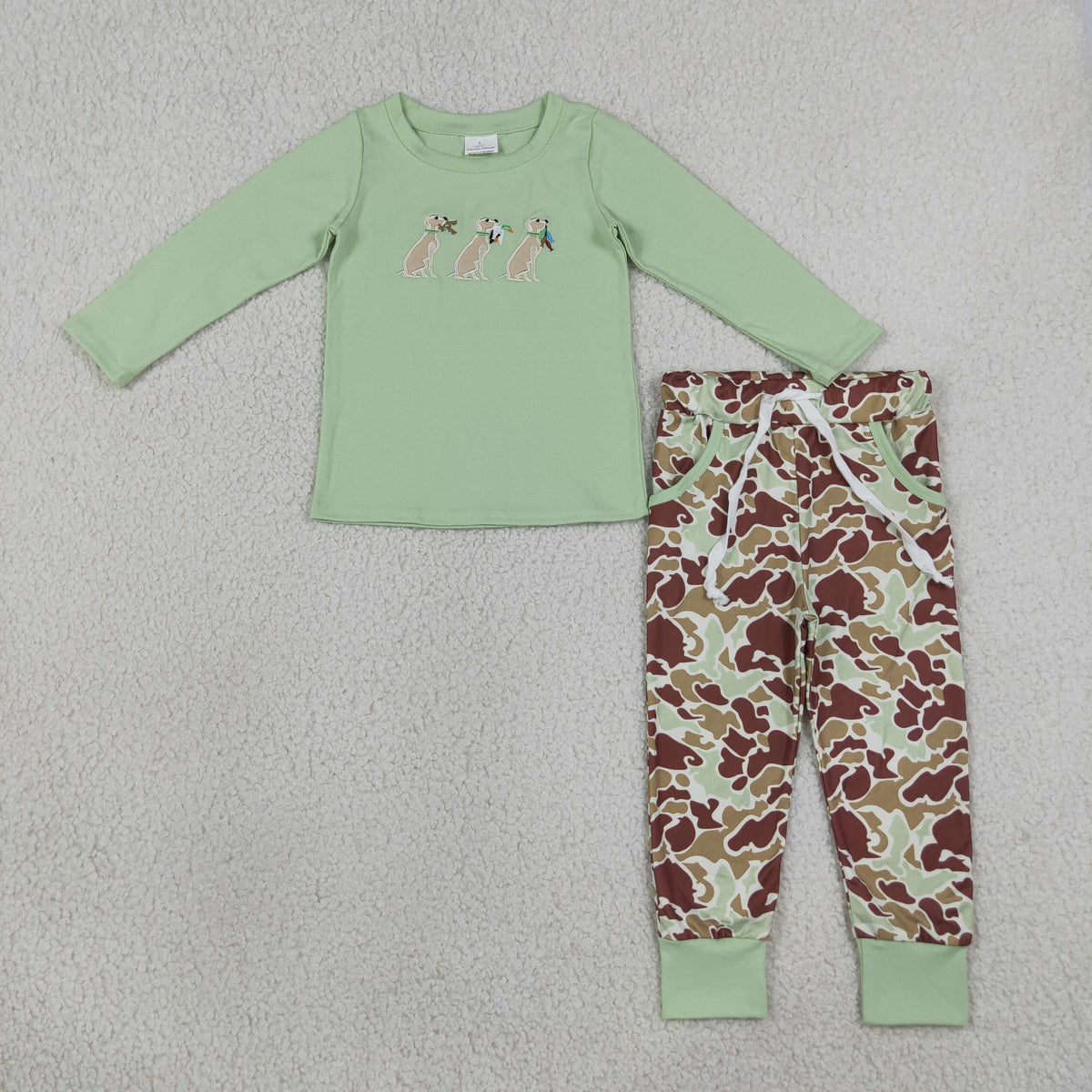 RTS NO MOQ (In stock)BLP1492 Embroidery Toddler Boys Dog Duck Print Top Matching Camo Pocket Jogger Two Piece Hunting Clothes Set