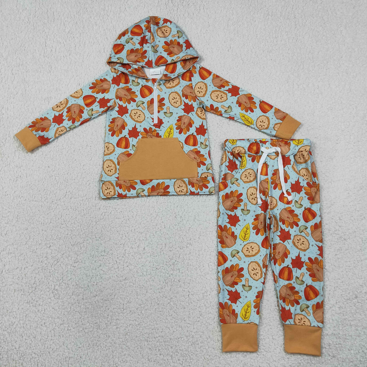 RTS NO MOQ (In stock)milk silk BLP1505 Baby Boys Pumpkins Turkey Zip Pockets Hoodie Joggers Thanksgivings Clothes Set