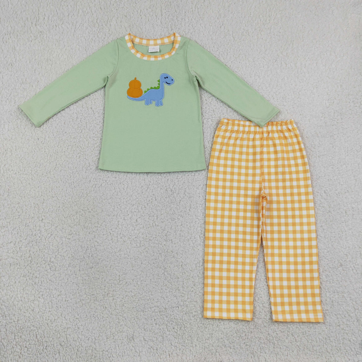 RTS NO MOQ (In stock)BLP1515 milk silk BLP1513 Embroidery Pumpkin Dinosaurs Baby Boys Top Checked Pants Fall Clothes Set