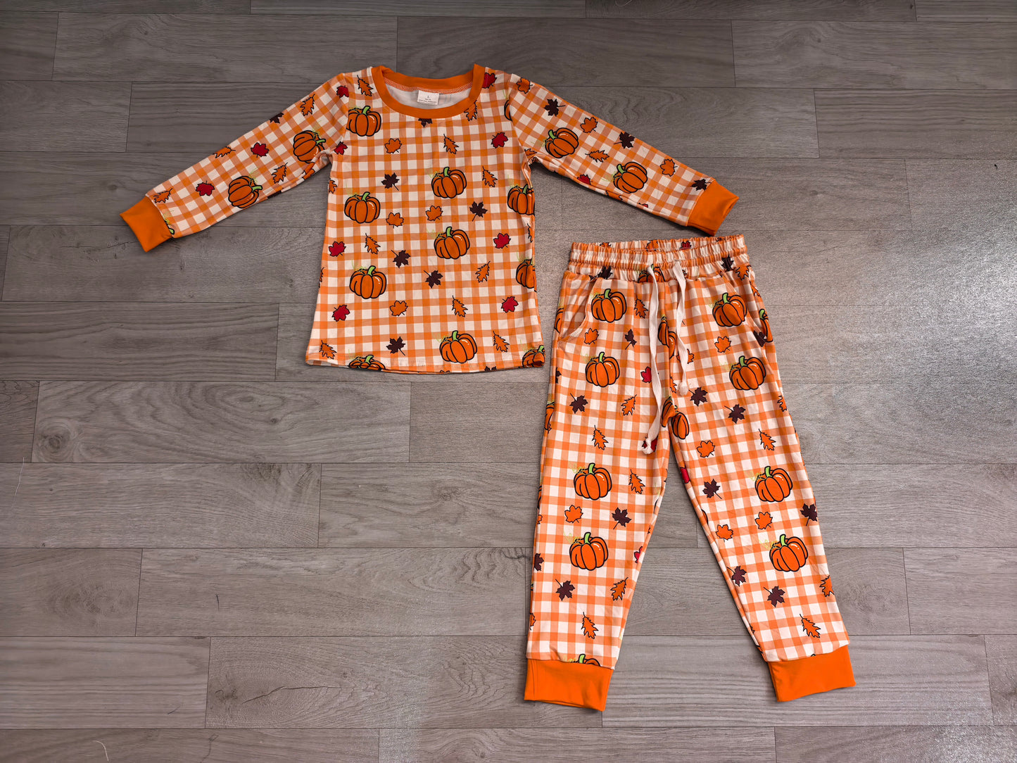 BLP1540(BT1929+P1198)Sample No Moq milk silk Baby Boys Pumpkins Checked Print Top Pockets Pant Fall Casual Set