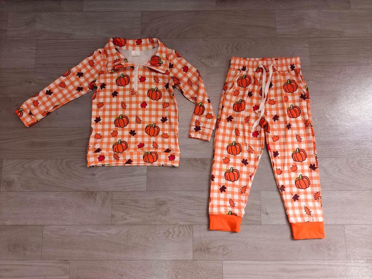 BLP1574(BT1895+P1198)Sample No Moq milk silk Baby Boys Pumpkins Checked Print Half Zip Collar Long Sleeve Top Jogger Pant Set