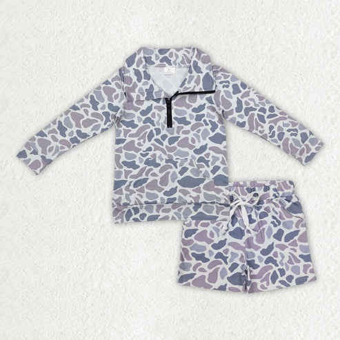 10.15 RTS Sibling Baby Boys Long Sleeve Camo Zipper Pullover Pockets Shorts Southern Clothes Set