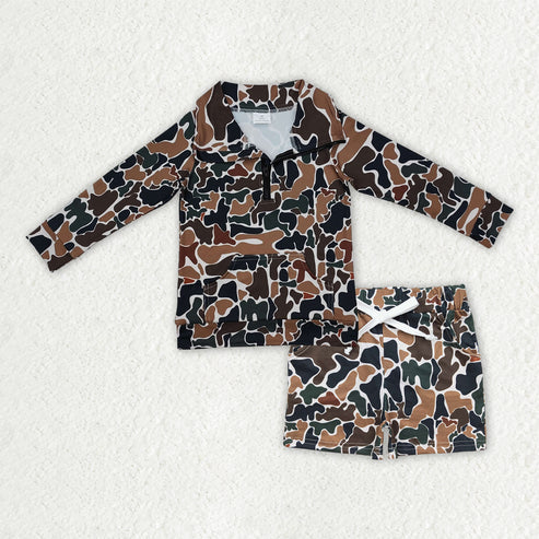 10.15 RTS Sibling Baby Boys Long Sleeve Camo Zipper Pullover Pockets Shorts Southern Clothes Set