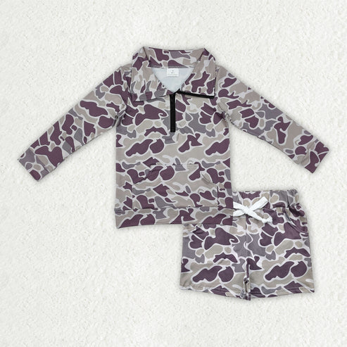 10.15 RTS Sibling Baby Boys Long Sleeve Camo Zipper Pullover Pockets Shorts Southern Clothes Set