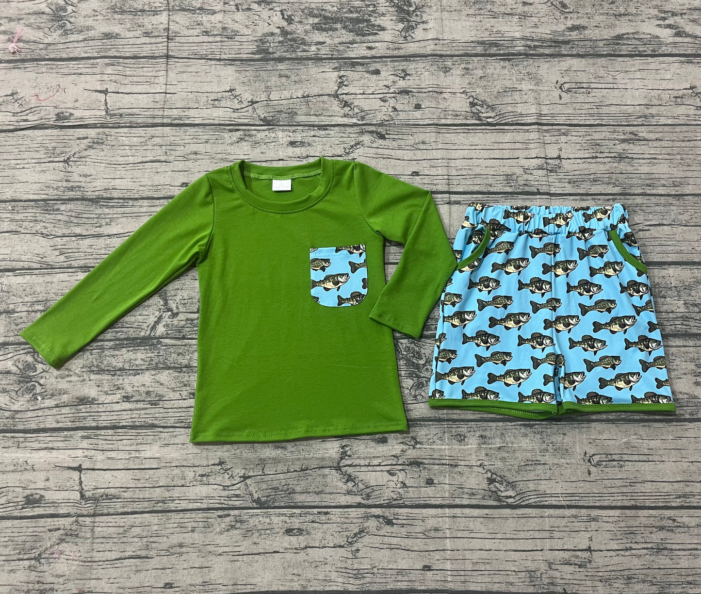 10.4 BLS0010 Sample No Moq Baby Boys Green Long Sleeve Top Pockets Fishes Shorts Hunting Clothes Sets