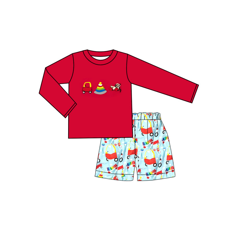 11.4 BLS0022 Pre order No Moq Baby Boys Red Long Sleeve Dogs Trucks Top Shorts Clothes Sets