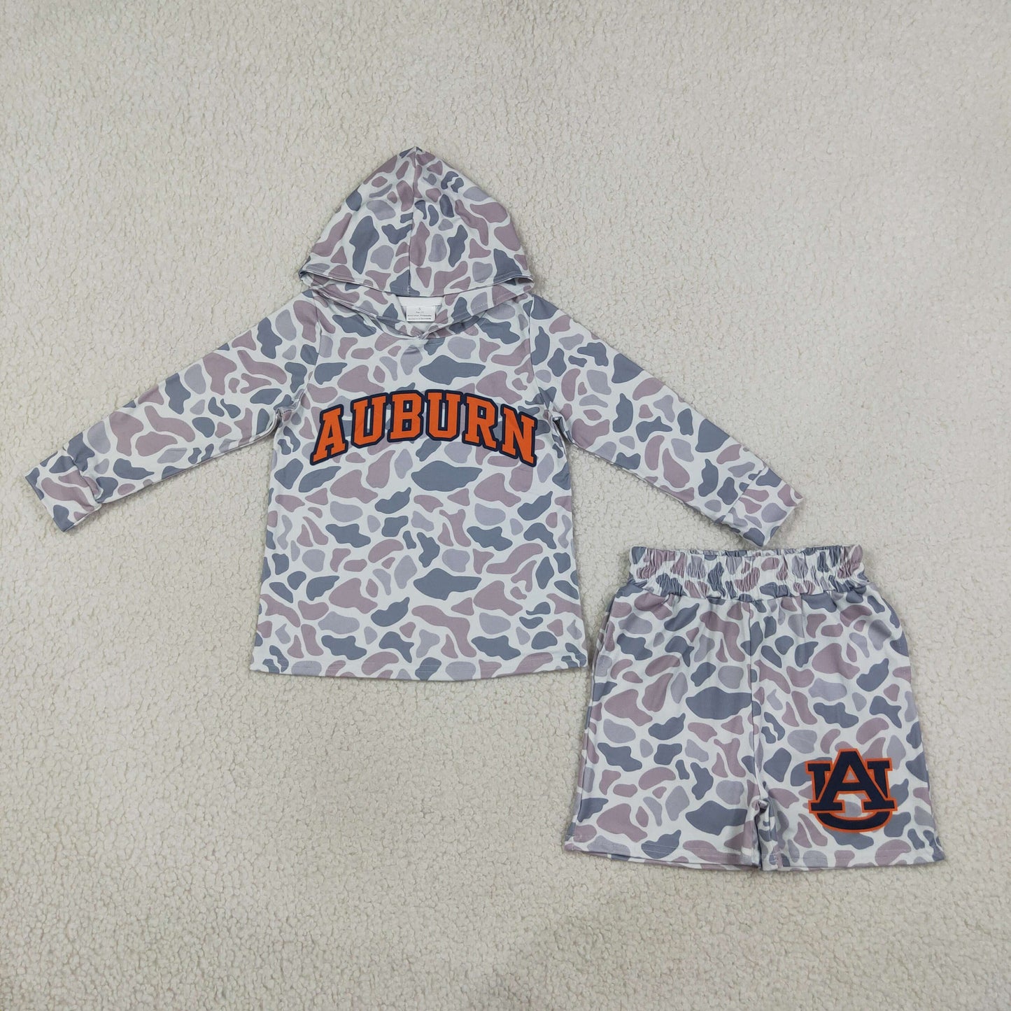 RTS NO MOQ (In stock)BLS0041 milk silk Baby Boys Grey Camo Auburn Long Sleeve Hoodie Short Team Clothes Set