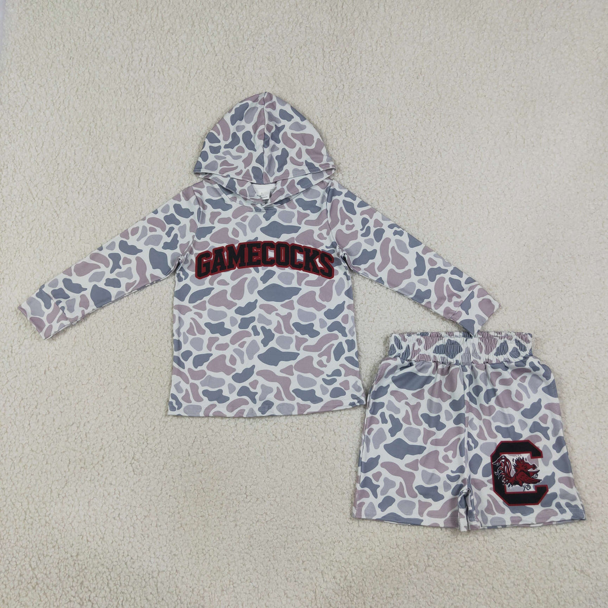 RTS NO MOQ Sibling milk silk Baby Boys Light Grey Camo Long Sleeve Hoodie Pockets Short Team Clothes Set