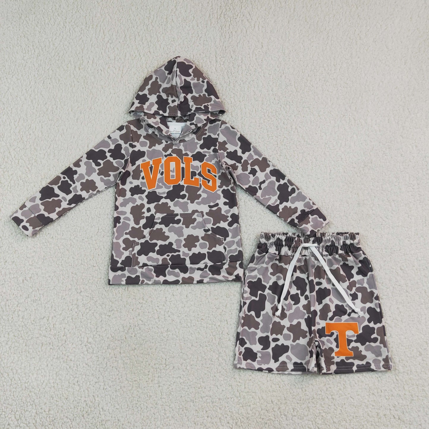 RTS NO MOQ (In stock)BLS0049 milk silk Baby Boys Camo Letter Print Long Sleeve Hoodie Tops Shorts Team Clothes Set