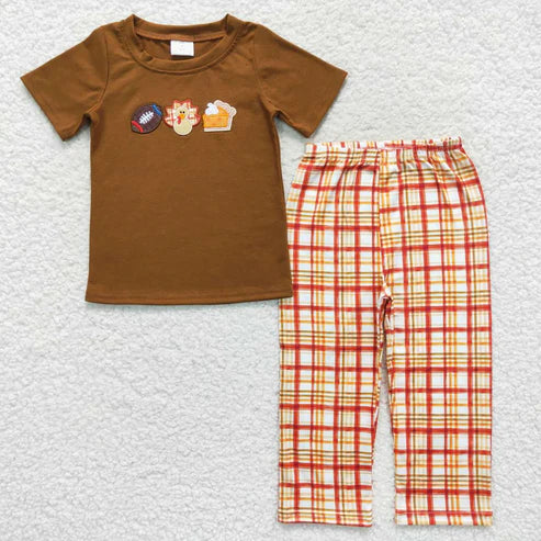 9.22 RTS Sibling Baby Boys Girls Embroidery Turkey Pie Short Sleeves Pants Thanksgiving Clothes Sets