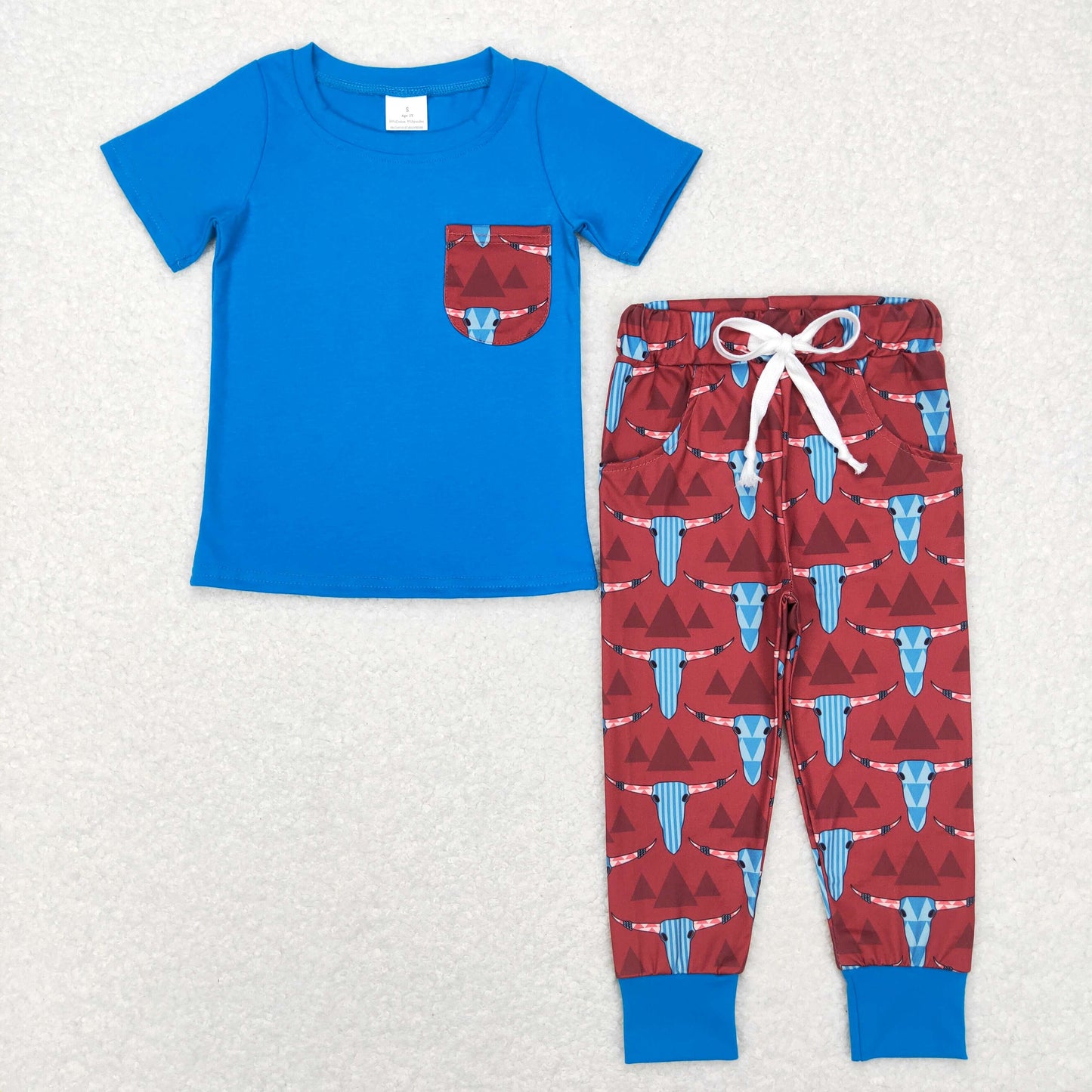 1.17 BSPO0188 RTS No Moq Promotion Baby Boys Western Short Sleeve Cow Aztec Pocket Shirt Pants Clothing Sets