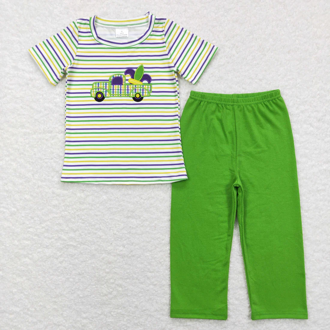 10.22 RTS Sibling Baby Boys Girls Embroidery Truck Anchors Stripe Mardigras Clothes Sets Footie Rompers