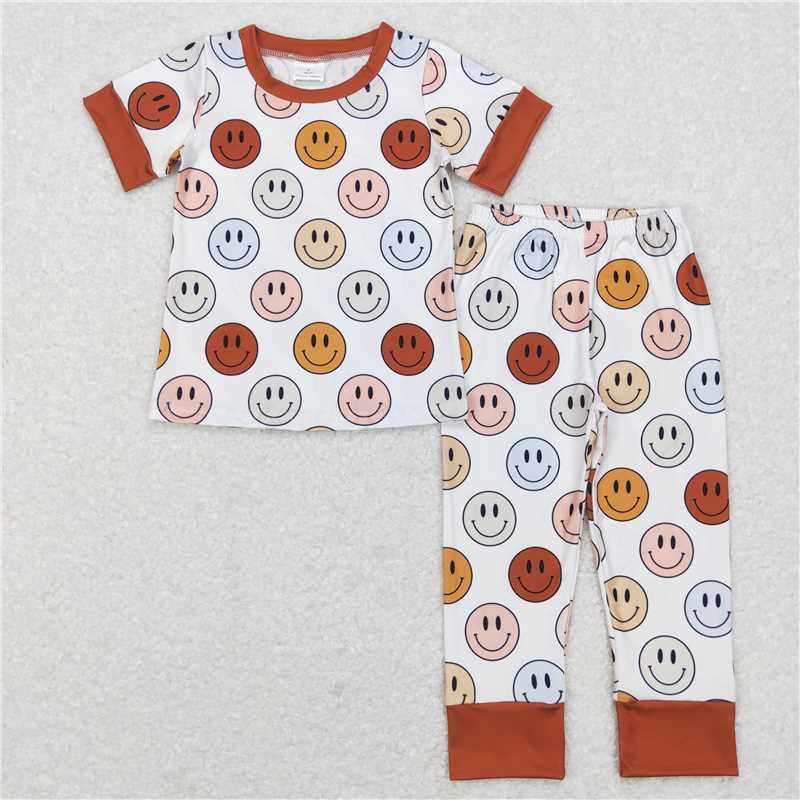 7.02 Sibling Brown short sleeves smile kids boy and girls pajamas Sets