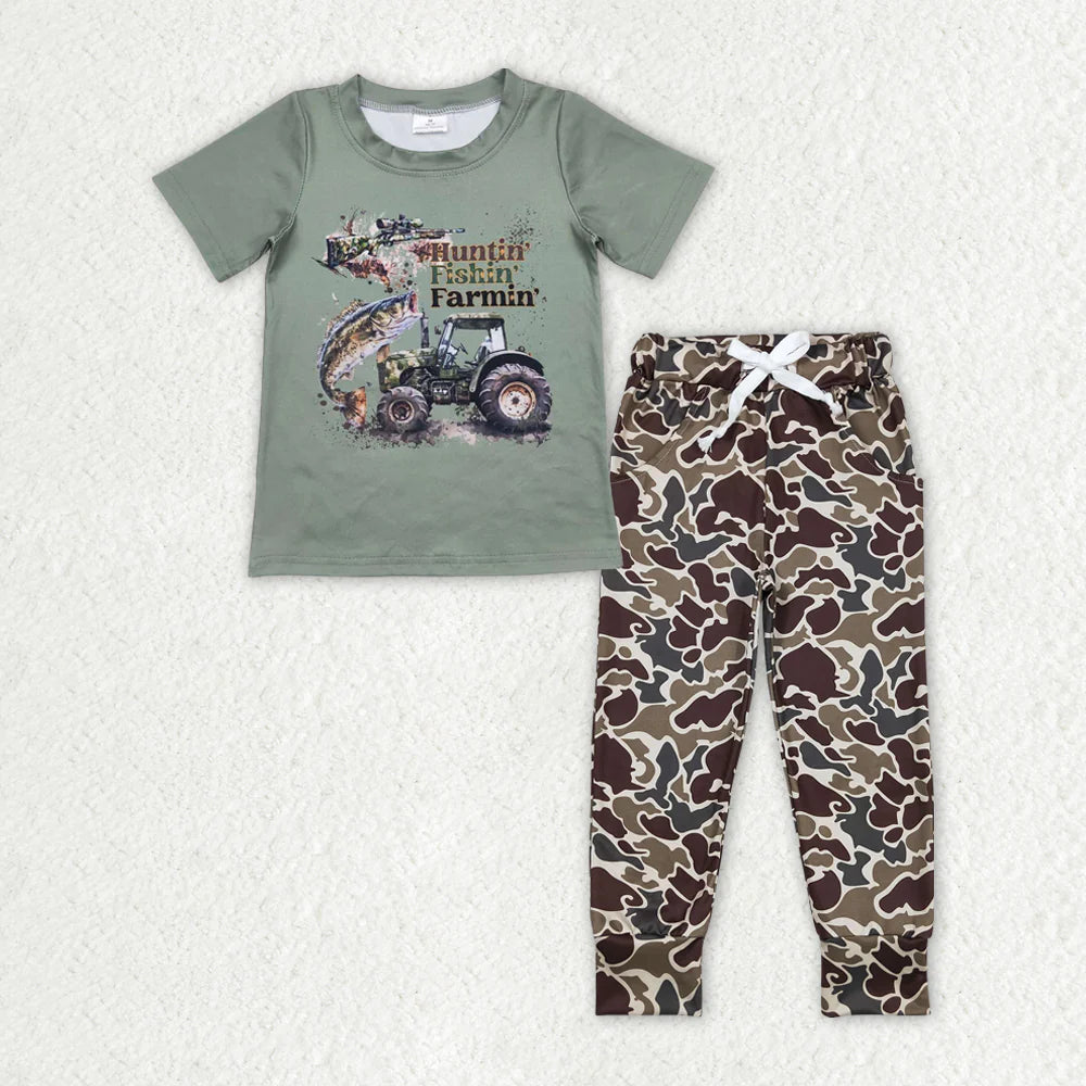 12.18 RTS Sibling Baby Boys Short Sleeve Hunting Fishing Top Pockets Camo Pants Clothes Sets