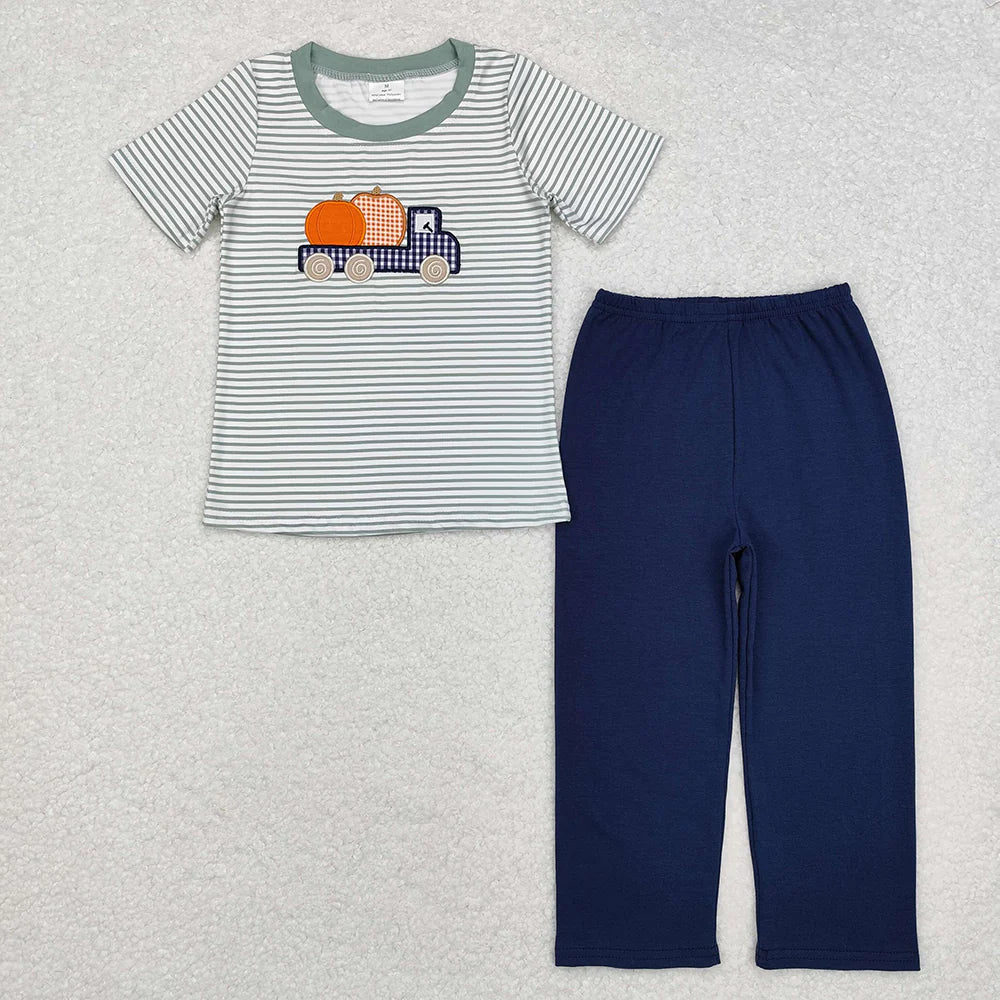 10.3 RTS Sibling Baby Boys Pumpkins Truck Pumpkin Rompers Clothes