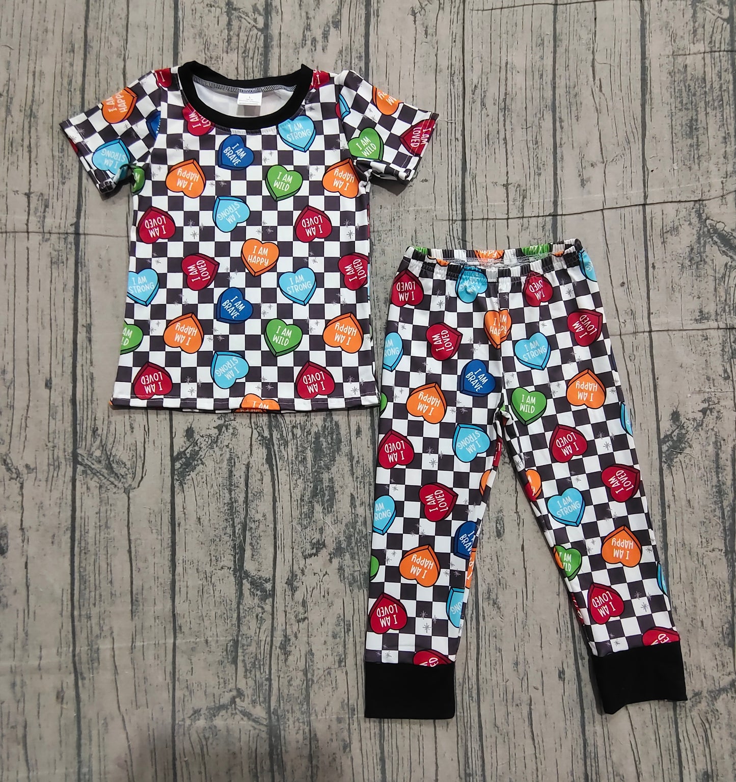 11.19 BSPO0490 mple No Moq Baby Boys Black Checked Hearts Top Pants Valentines Pajamas Sets