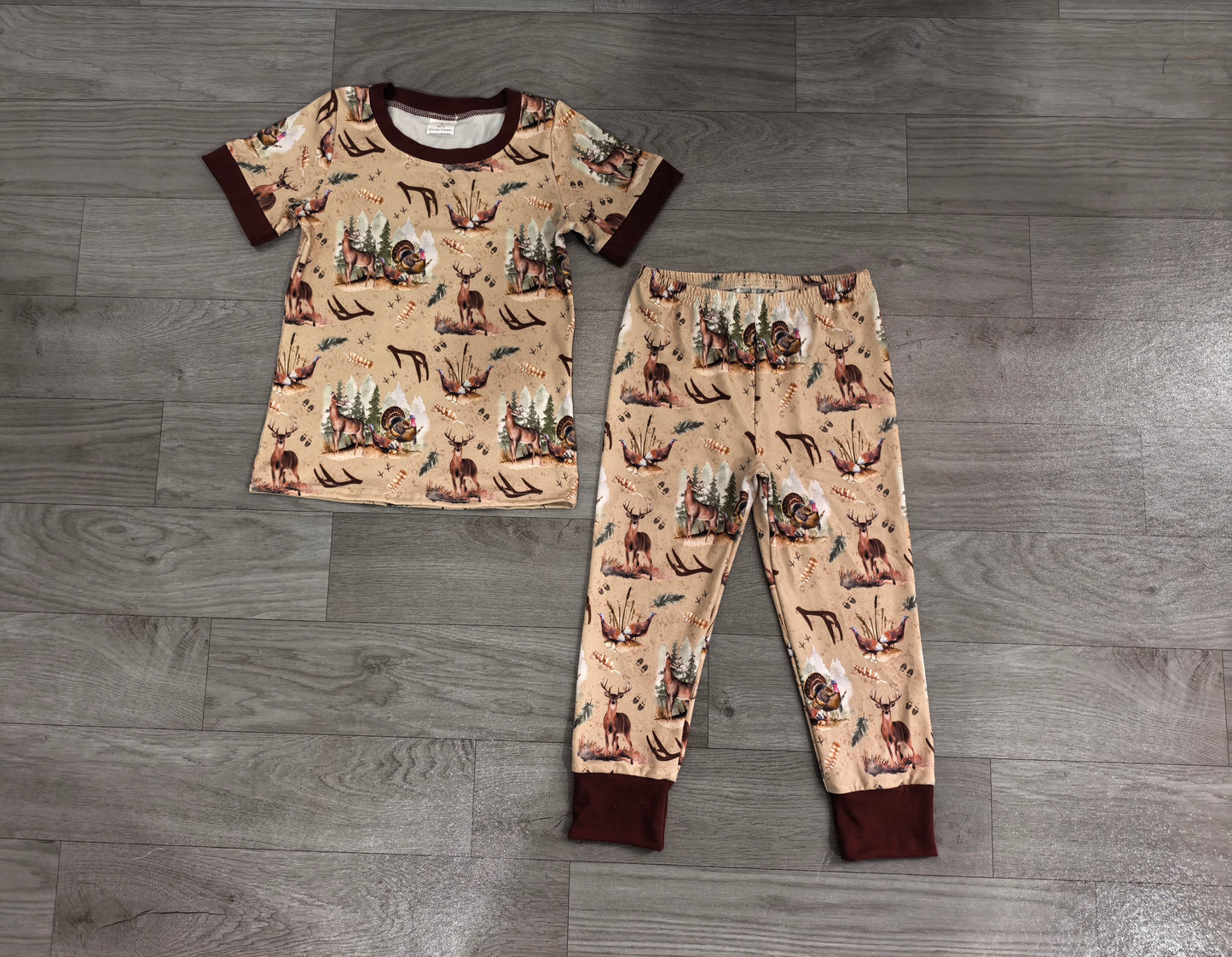 BSPO0494 Sample No Moq milk silk Baby Boys Deer And Turkey Hunting Short Sleeve Top Matching Pants Fall Winter Hunting Pajamas Set