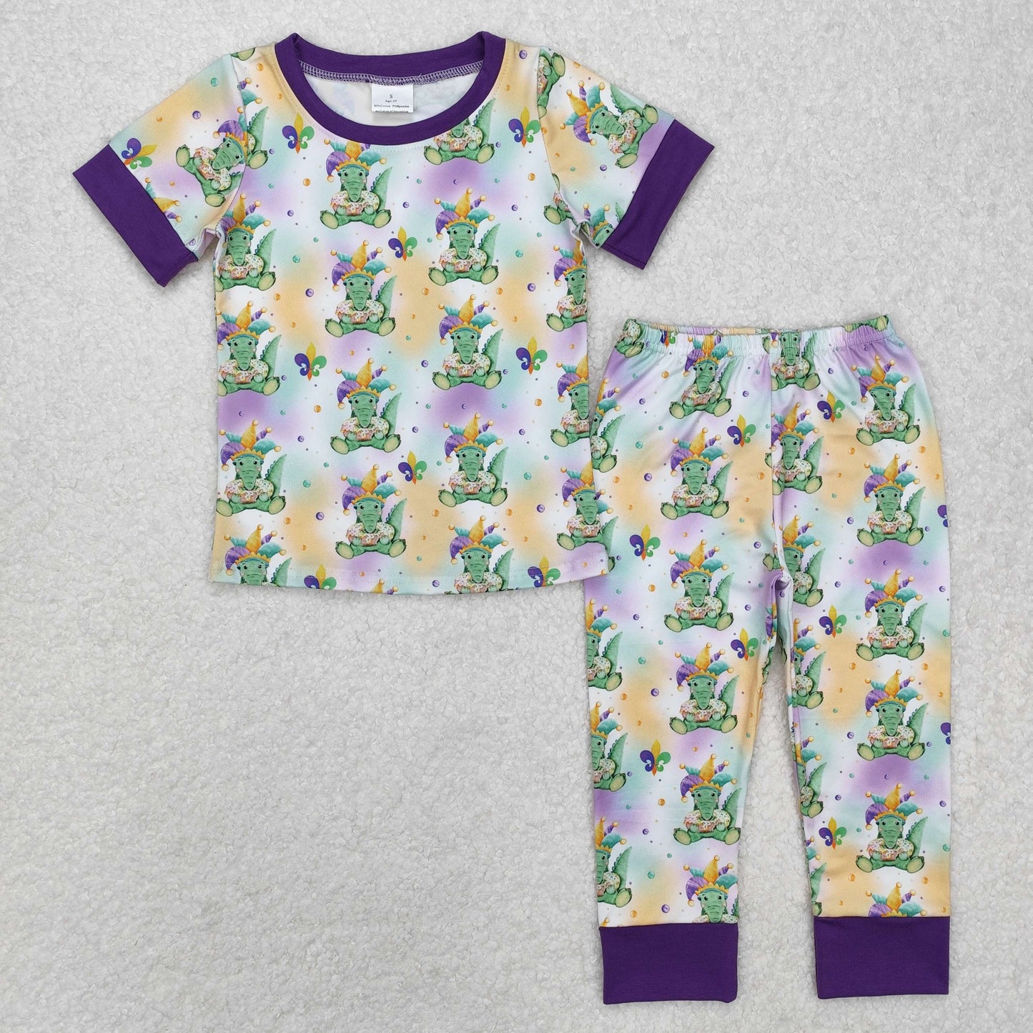 BSPO0547Purple short sleeves alligator baby kids Mardi Gras pajamas