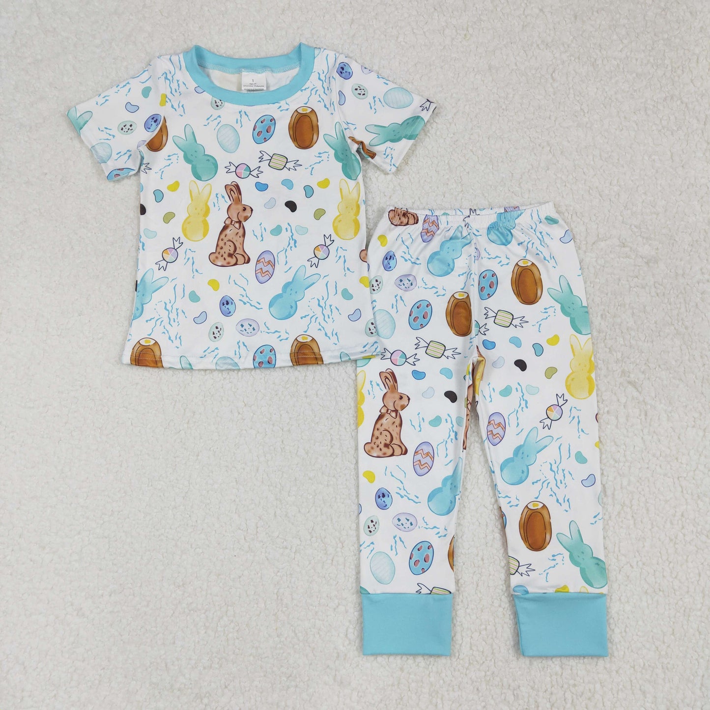 BSPO0557Cute Blue Short Sleeves Bunny Eggs Pajamas for Boys' Easter