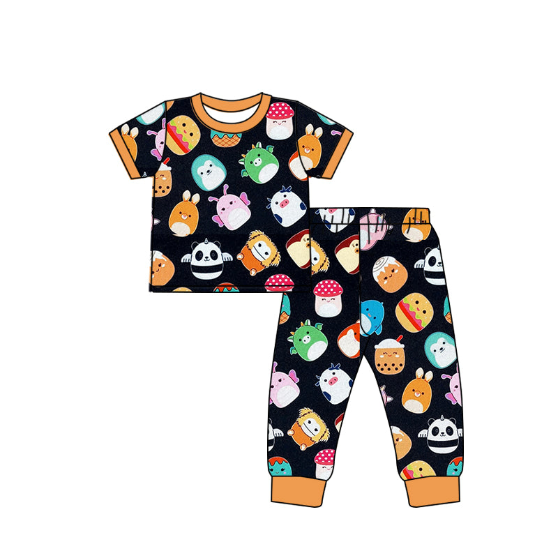 BSPO0561Kids Boys’ Black Pajamas with Short Sleeves, Pig and Mushroom Motifs on Top Pants