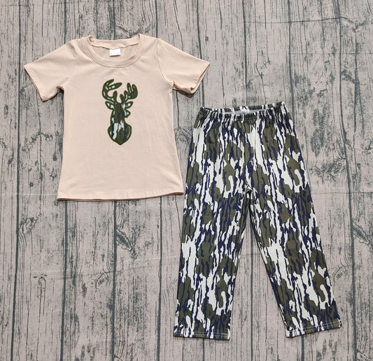 9.24 BSPO0582 Sample No Moq Embroidery Baby Boys Bottomland Camo Deer Top Flare Pant Western Set
