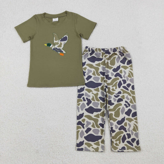 10.21 RTS NO MOQ (In stock)BSPO0583 Embroidery Camo Duck Baby Boys Green Top Flare Pant Hunting Set