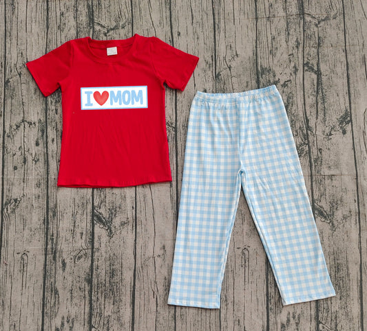 9.29 BSPO0588 Sample No Moq Embroidery I Love Mom Baby Boys Shirts Checked Pants Clothes Sets