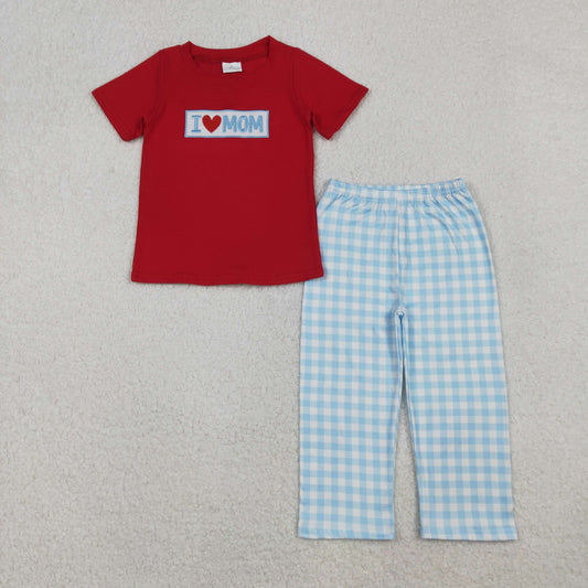 10.22 RTS NO MOQ (In stock)BSPO0588 Embroidery I Love Mom Baby Boys Shirts Checked Pants Clothes Sets