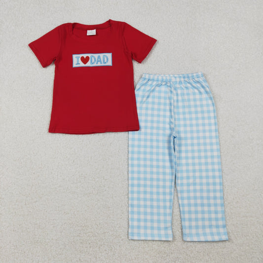 10.21 RTS NO MOQ (In stock)BSPO0589 Embroidery I Love Dad Baby Boys Shirts Checked Pants Clothes Sets