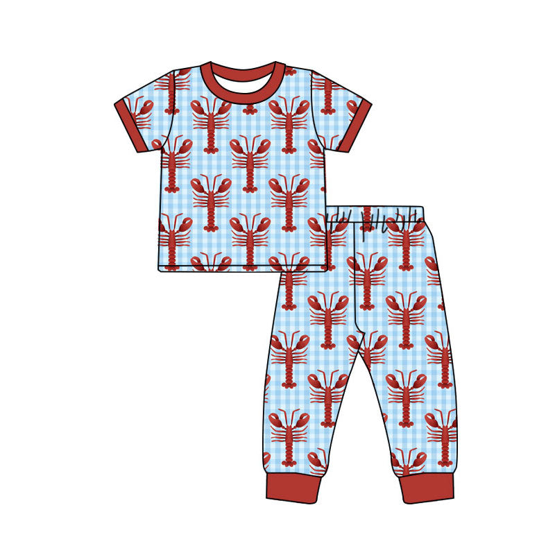 9.26 BSPO0596 Pre order No Moq Baby Boys Blue Checked Crayfishes Top Pants Pajamas Sets