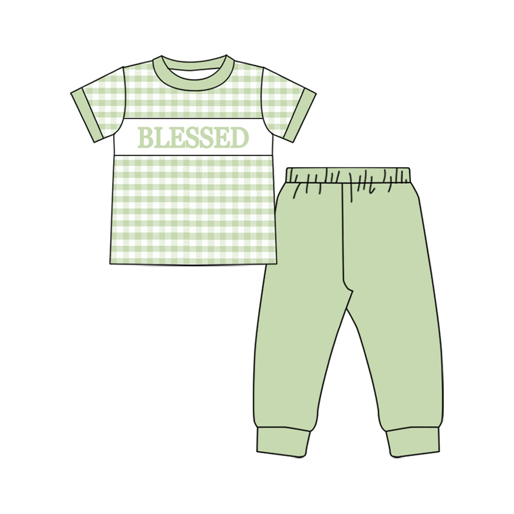 10.2 BSPO0604 Pre order No Moq Baby Boys Green Checked Blessed Top Jogger Pants Clothes Sets