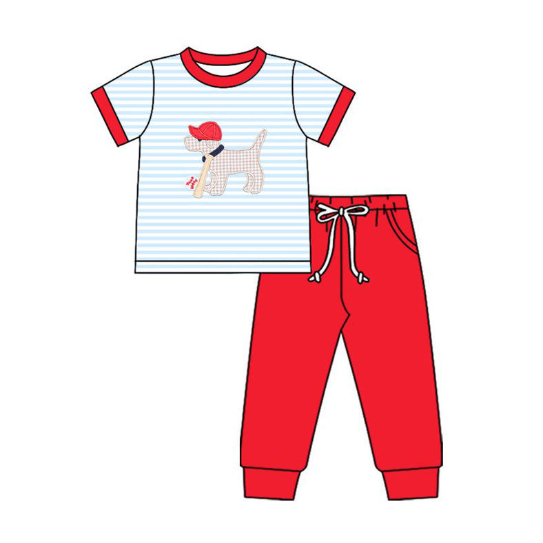 10.17 BSPO0613 Pre order No Moq Baby Boys Stripe Dog Baseballs Top Pockets Leggings Team Clothes Sets