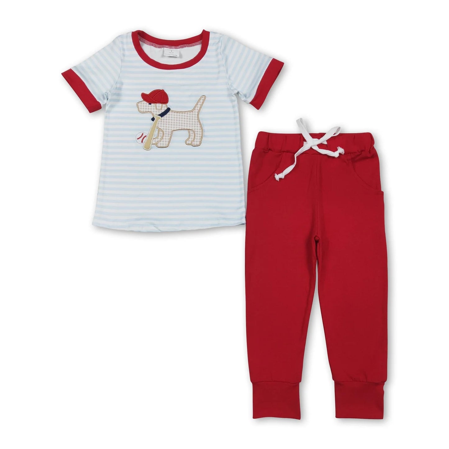 12.13 RTS Sibling Baby Boys Embroidery Baseball Dogs Stripe Pockets Pants Team Set Footie Rompers