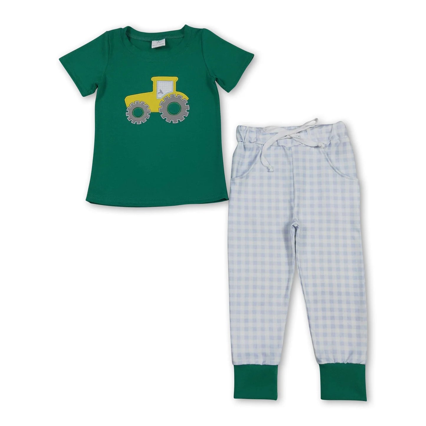 12.13 RTS Sibling Sibling Baby Boys Green Embroidery Trucks Checked Pockets Pants Farm Set Footie Rompers