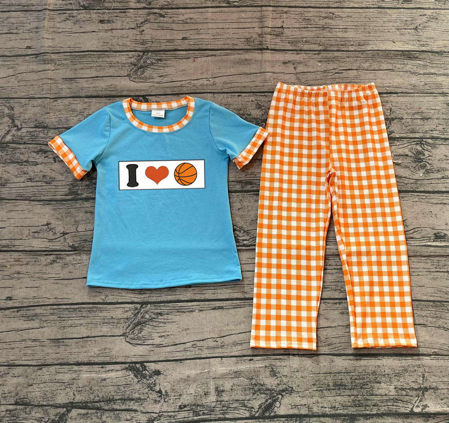 11.14 BSPO0619 Sample No Moq Embroidery I Love Basketball Baby Boys Checked Pants Team Clothes Sets