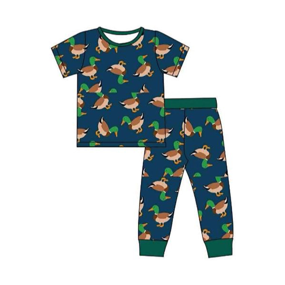 10.27 (Pre Order) No moq BSPO0625 PRE-ORDER Baby Boys Navy Short Sleeve Ducks Plaid Top Pants Hunting Pajamas Sets