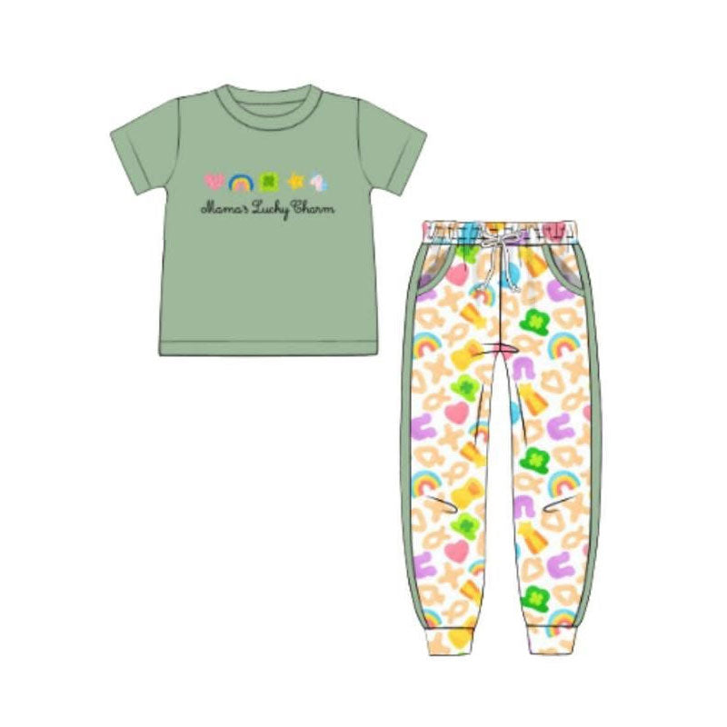 11.19 BSPO0642 Pre order No Moq Baby Boys Clovers Rainbows Top Pockets Jogger St Patrick Clothes Sets
