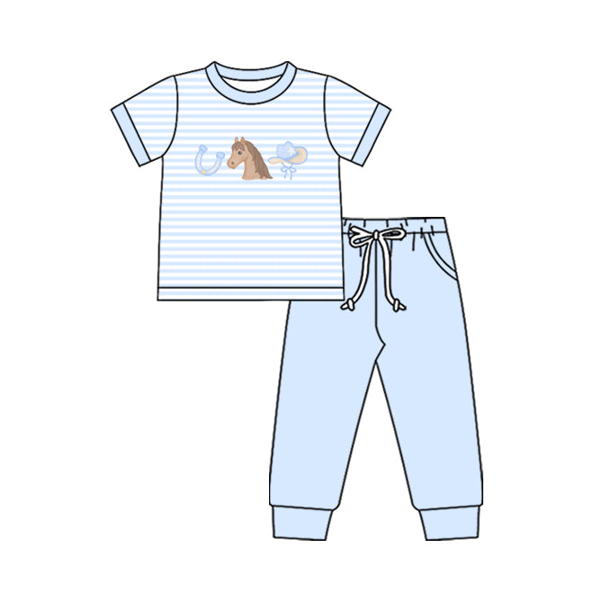 11.19 BSPO0643 Pre order No Moq Baby Boys Blue Stripe Horse Hats Top Pockets Jogger Western Clothes Sets