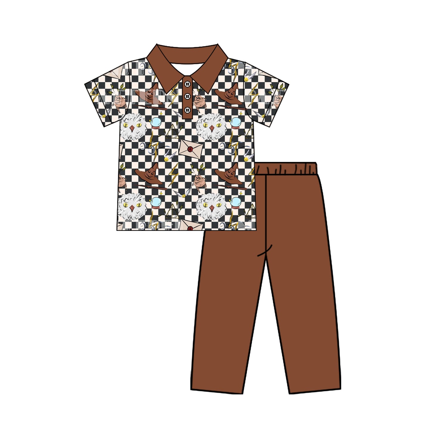 4.22 BSPO0685 Pre order No Moq Baby Boys Casual Black Plaid Bird Button Polo Shirt Pants Halloween Clothes Set