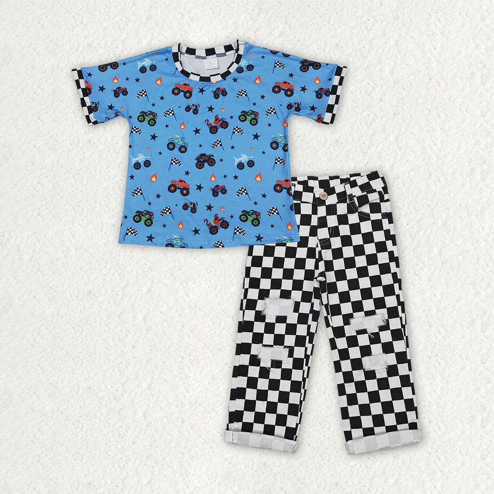 BSPO0687(BT1496+P0122) RTS NO MOQ (In stock )Baby Boys 4th of July Blue Car Flag Tee Top Black Check Denim Pants Set