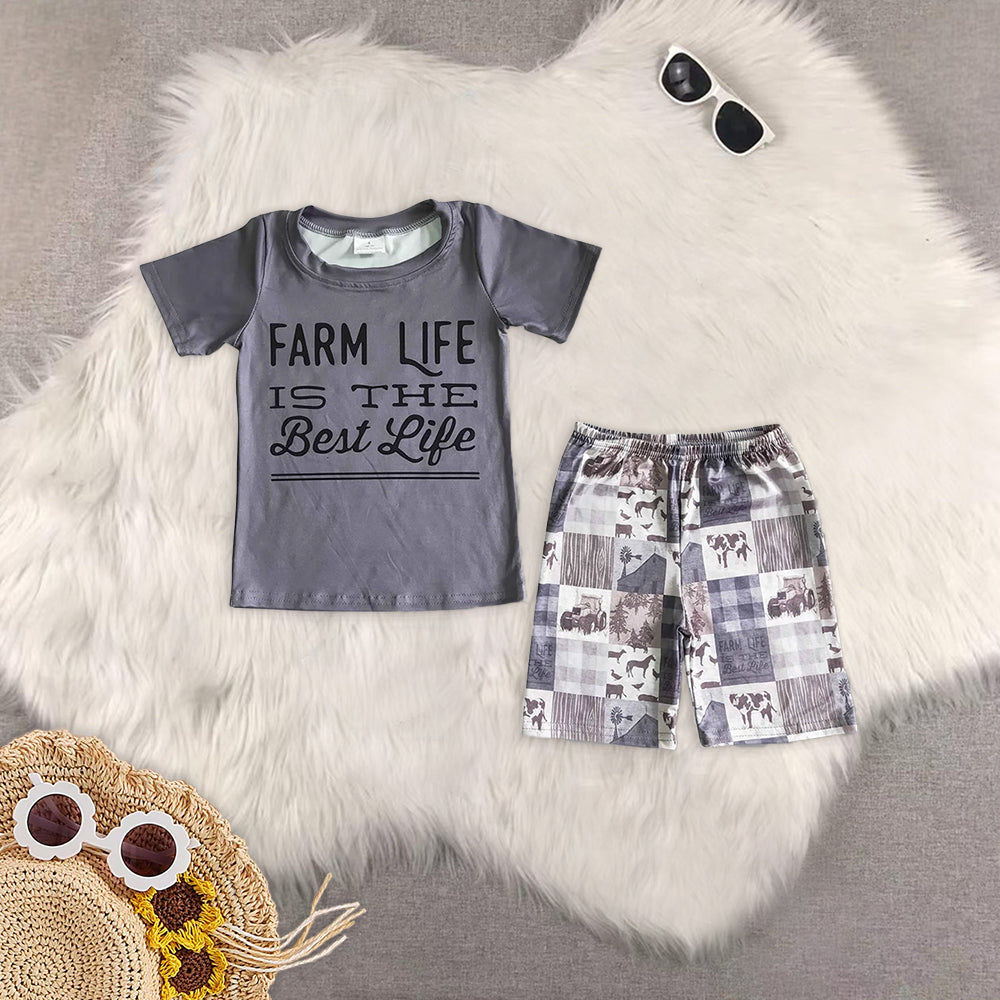 8.01 RTS NO MOQ Baby Boys Summer Boys Outfits Sibling Farm life is the best life boy clothing set