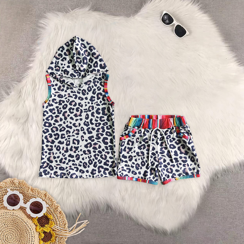 8.15 RTS Sibling Baby Boys Summer Boys Outfits Horse print sleeveless boy rodeo hoodie set