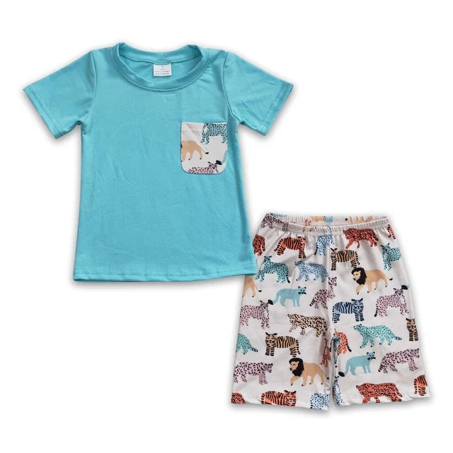 BSSO0119 Sales New RTS No Moq Promotion pocket shirt animal shorts kids boy summer outfits