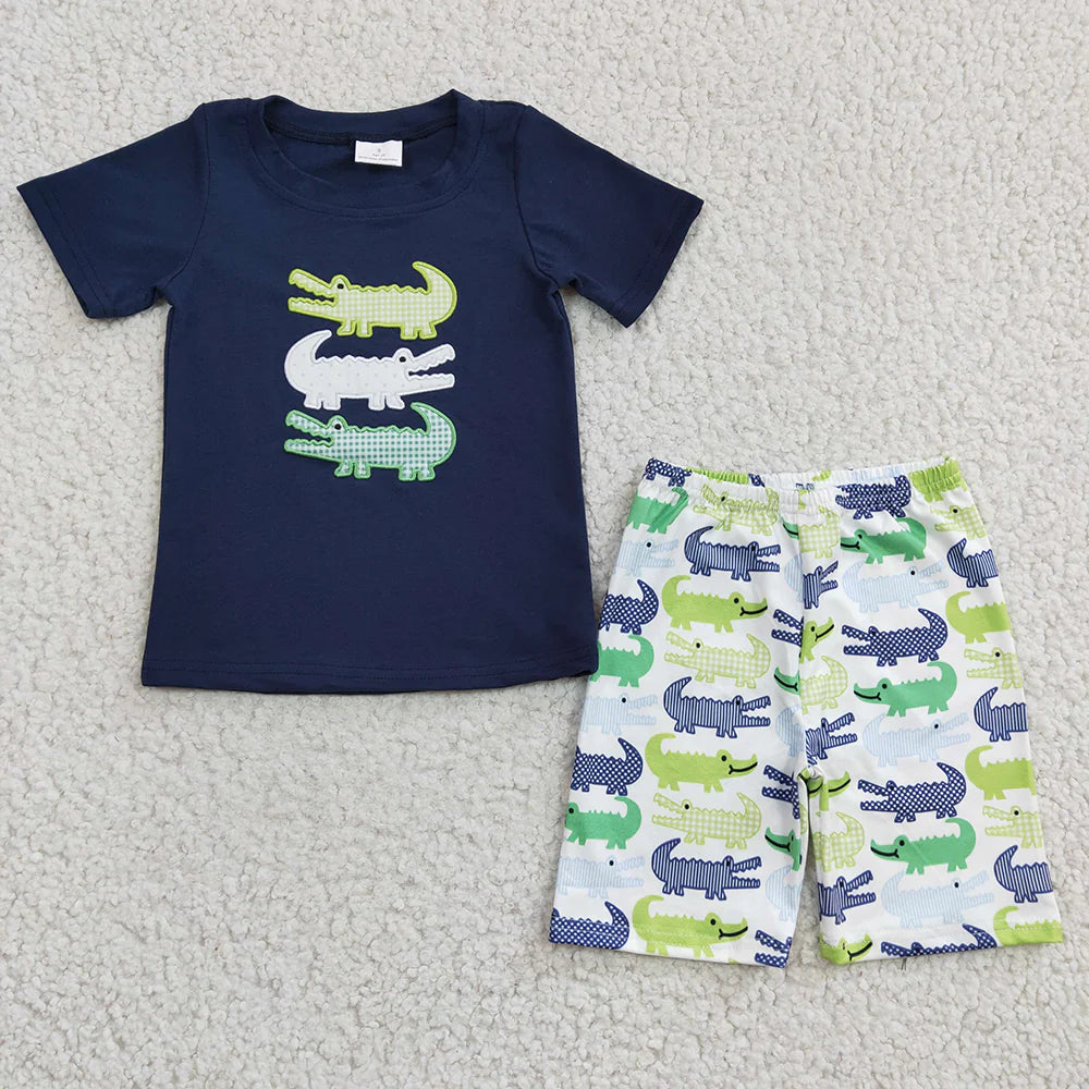 12.17 RTS Sibling Boys Baby Girls Summer Crocodile Embroidery Shorts Sets
