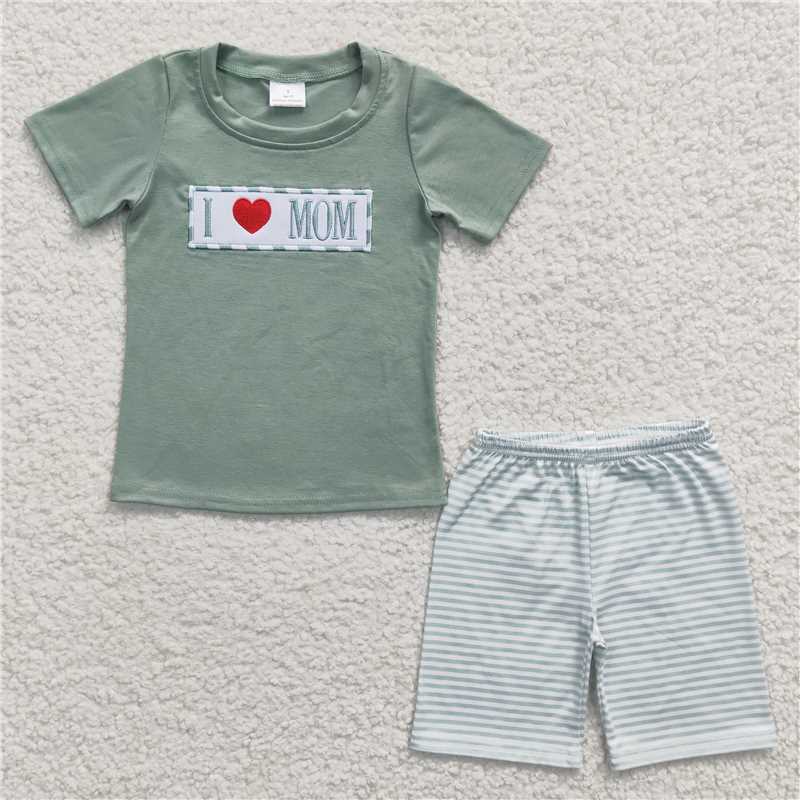 7.22 RTS NO MOQ Baby Girls Boys Summer Outfits I love MOM shirt stripe shorts mother's day girls outfits