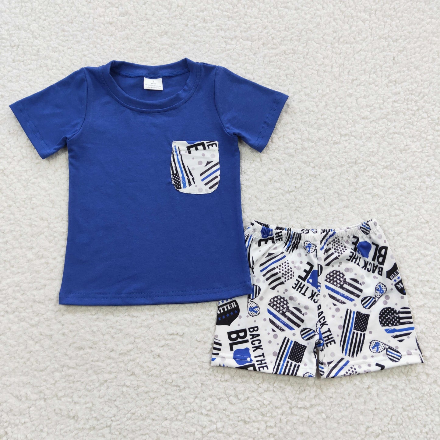 BSSO0242 Sales New RTS No Moq Back the blue pocket flag heart glassed kids boy outfits