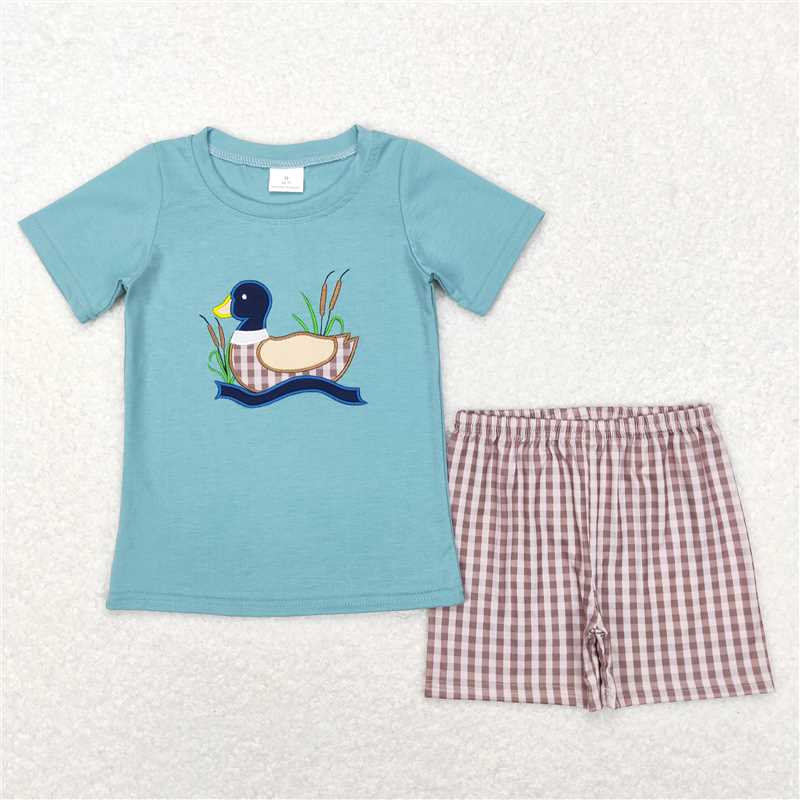 USA Warehouse (IN STOCK) BSSO0281 Duck Short Sleeves Top and Plaid Shorts for Kids, Outfits for Boys