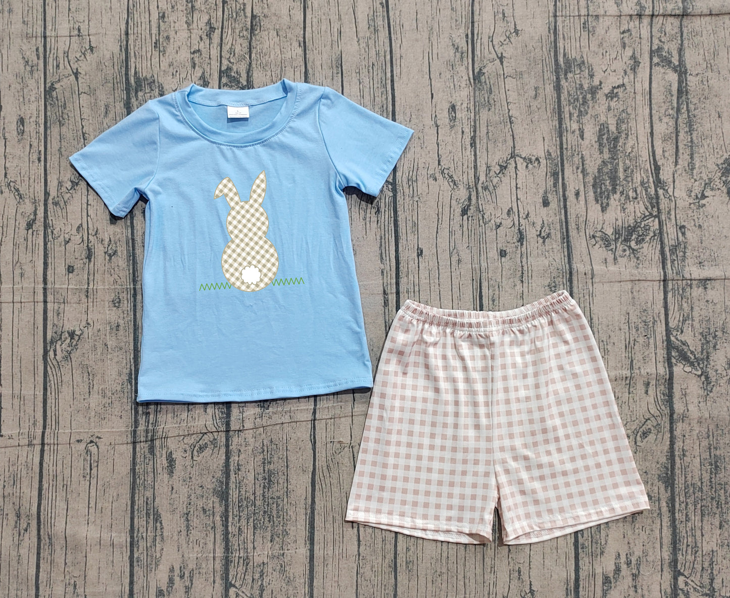 1.19 BSSO0305 Sample No Moq Embroidery Rabbits Baby Boys Blue Shirt Checked Shorts Easter Clothes Sets