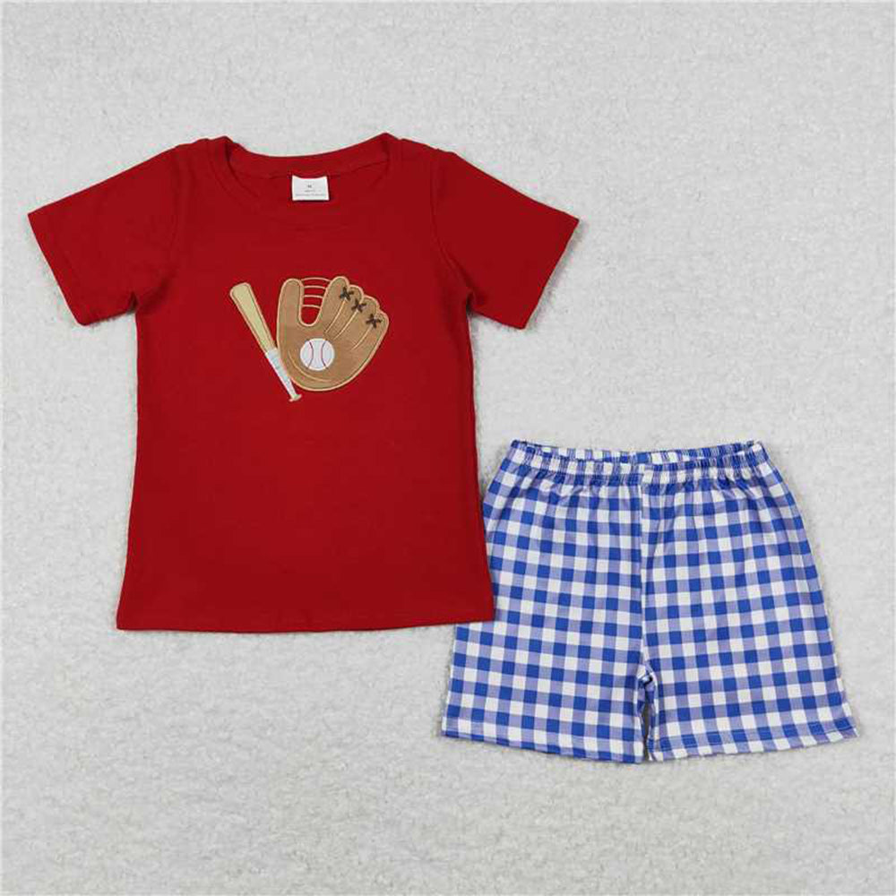 5.16 BSSO0353 RTS NO MOQ Red baseball top blue plaid shorts kids boys clothes